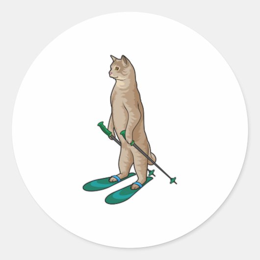 Cat as Skier with Ski & Ski poles Runder Aufkleber (Vorderseite)