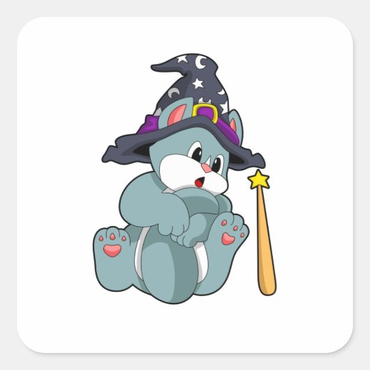 Cat as Wizard mit Zauberstab & Hut Quadratischer Aufkleber (Vorderseite)