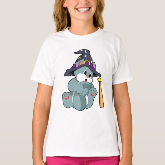 Cat as Wizard mit Zauberstab & Hut T-Shirt (Vorderseite)