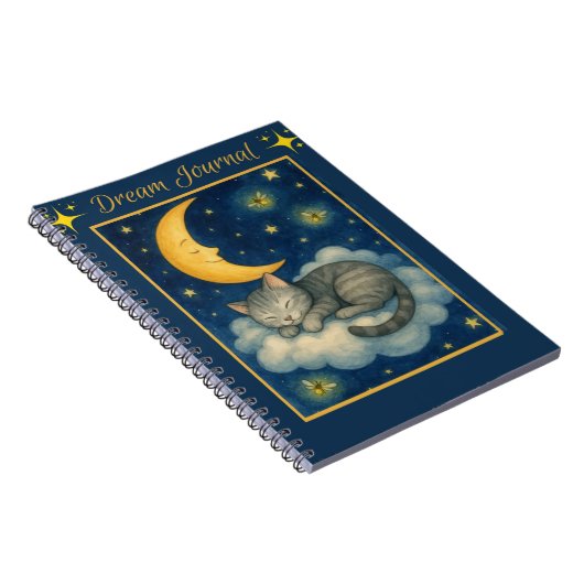 Cat Asleep on a Cloud Crescent Moon Stars Notebook Notizblock (Rechte Seite)