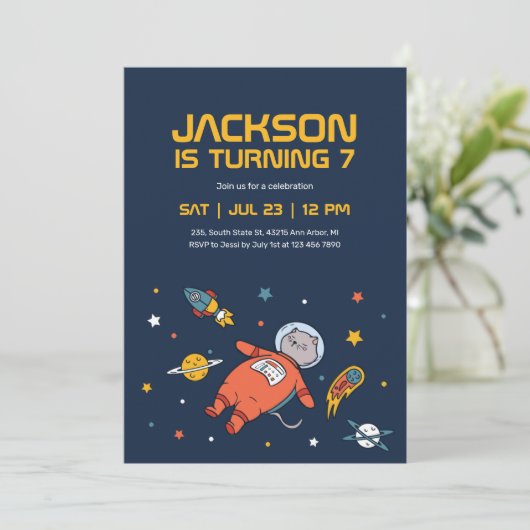 Cat Astronaut Outer Space Kindergeburtstag Einladung (Stehend Vorderseite)