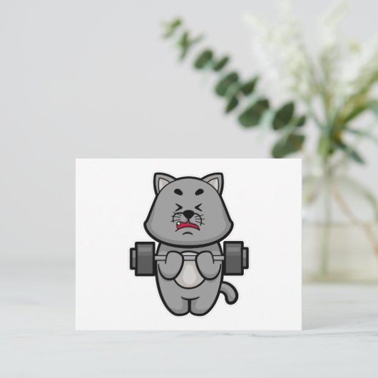 Cat at Biceps Training mit Barbell Postkarte (Stehend Vorderseite)