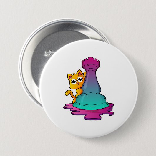 Cat at Chess with Chess piece Rook Button (Vorne & Hinten)