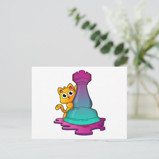 Cat at Chess with Chess piece Rook Postkarte (Stehend Vorderseite)