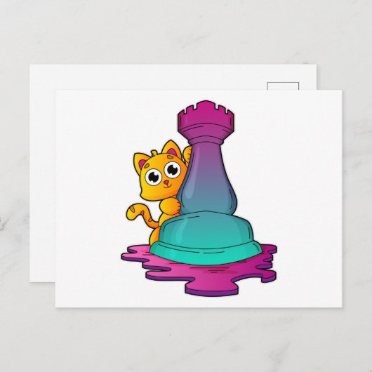 Cat at Chess with Chess piece Rook Postkarte (Vorne/Hinten)