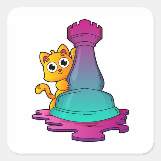 Cat at Chess with Chess piece Rook Quadratischer Aufkleber (Vorderseite)
