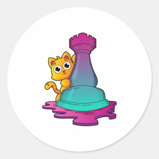 Cat at Chess with Chess piece Rook Runder Aufkleber (Vorderseite)