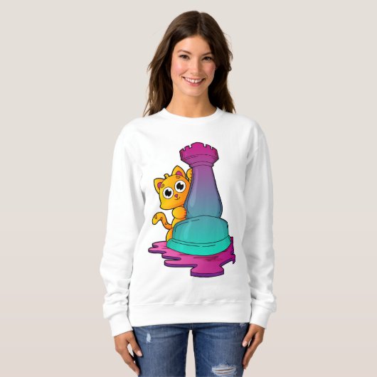 Cat at Chess with Chess piece Rook Sweatshirt (Vorne ganz)