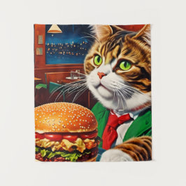 Cat at Diner Orders a Cheeseburger Wandteppich
