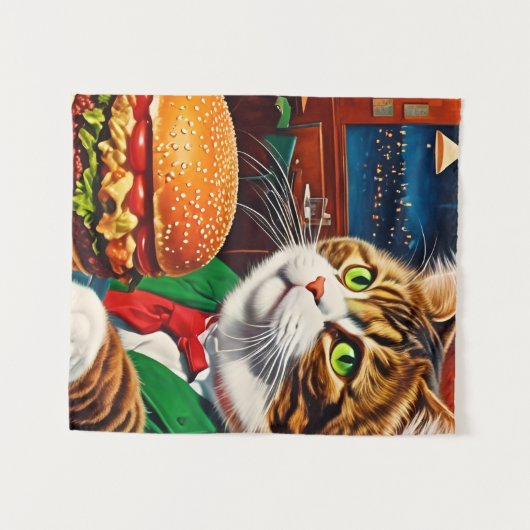 Cat at Diner Orders a Cheeseburger Wandteppich (Vorderseite (Horizontal))