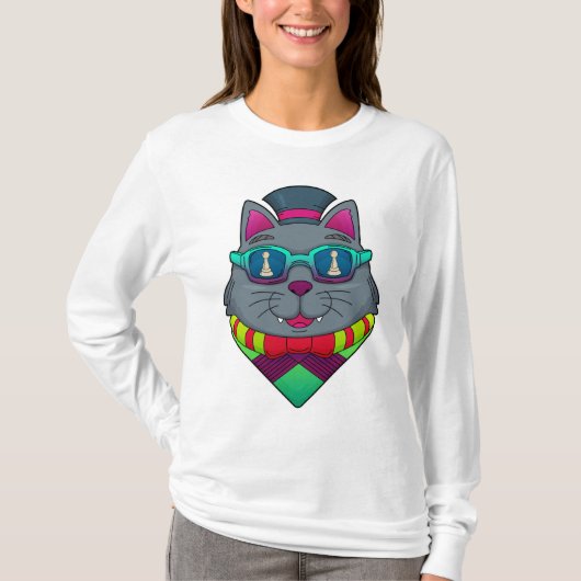 Cat at Schach mit Schachstück gepaart T-Shirt (Vorderseite)
