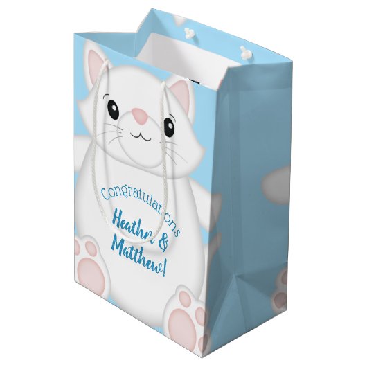 Cat Baby Shower Kitty Blue Mittlere Geschenktüte (Rückseite Schrägansicht)