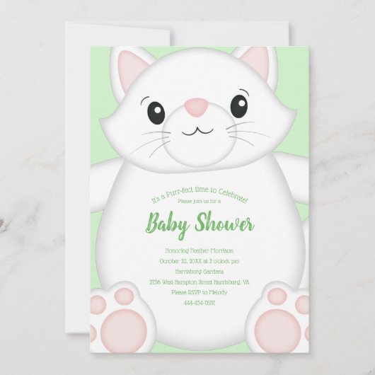 Cat Baby Shower Kitty Green Einladung (Vorderseite)