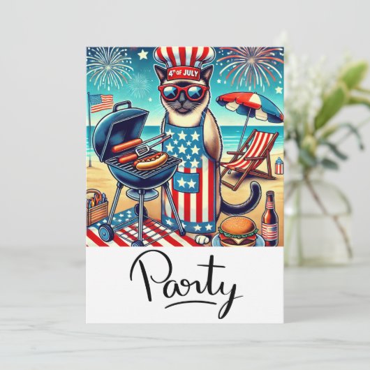 CAT Barbecue Party 4. Juli Unabhängigkeitstag Einladung (Stehend Vorderseite)