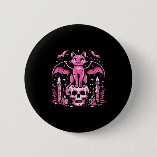 Cat Bat On Skull Halloween Costume Goth Women Girl Button (Vorderseite)