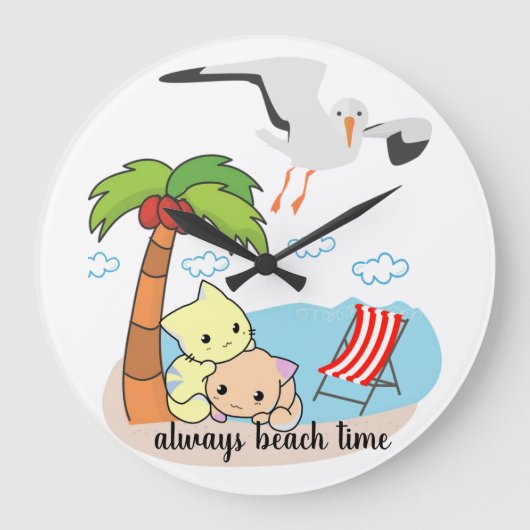 Cat Beach Seagull Meow Clock Große Wanduhr (Vorderseite)
