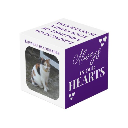Cat Beileid Keepake Pet Memorial lila Foto Würfel (Rückseite Schrägansicht)