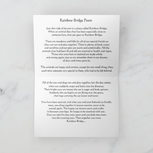 Cat Beileid / Rainbow Bridge Gedicht Karte (Innenseite)