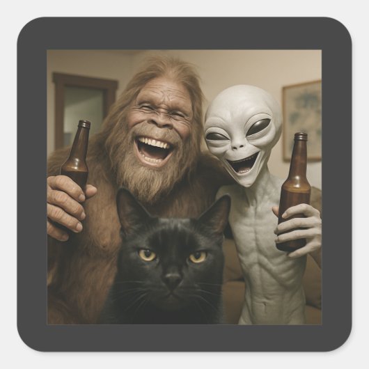 Cat Bigfoot Alien Selfie BESTE FREUNDIN Funny Foto Quadratischer Aufkleber (Vorderseite)