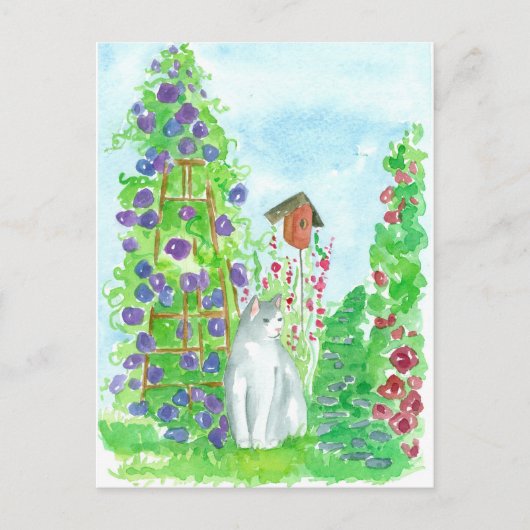 Cat Bird House Hollyhocks Summer Garden Blume Postkarte (Vorderseite)