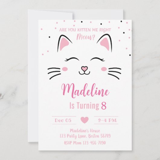 Cat Birthday Einladung Kitten Einladung Kitty (Vorderseite)