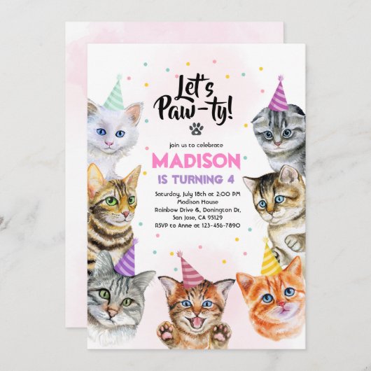 Cat Birthday Einladung Kitten Party Pawty Girl (Vorne/Hinten)