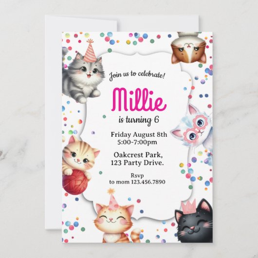 cat birthday invitation, kitty party invite einladung (Vorderseite)