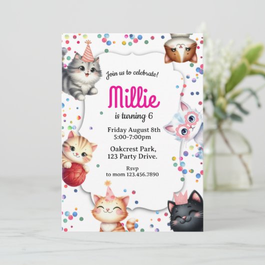 cat birthday invitation, kitty party invite einladung (Stehend Vorderseite)