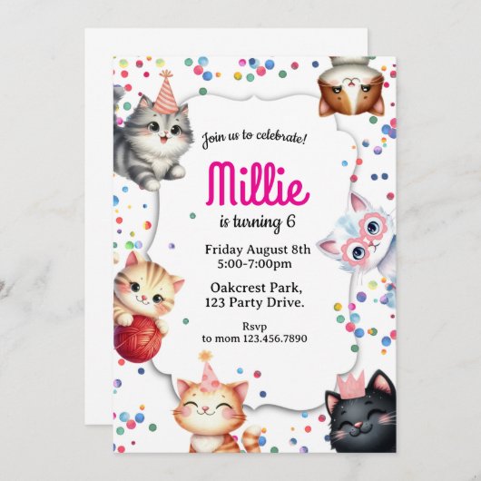cat birthday invitation, kitty party invite einladung (Vorne/Hinten)
