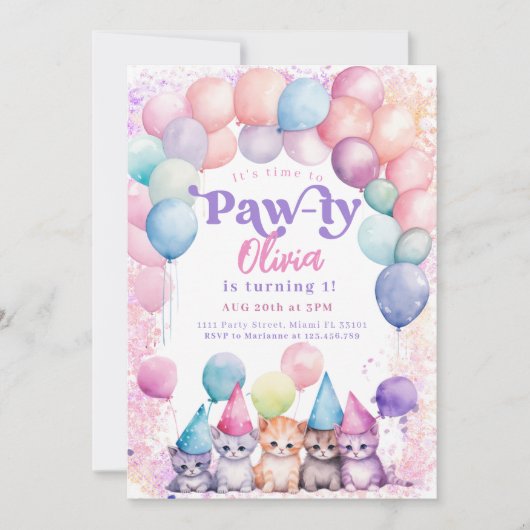 Cat Birthday Kitten Party Pawty Girl Einladung (Vorderseite)