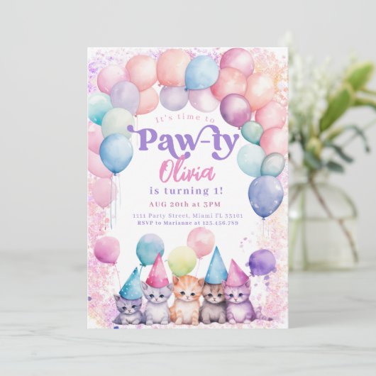 Cat Birthday Kitten Party Pawty Girl Einladung (Stehend Vorderseite)