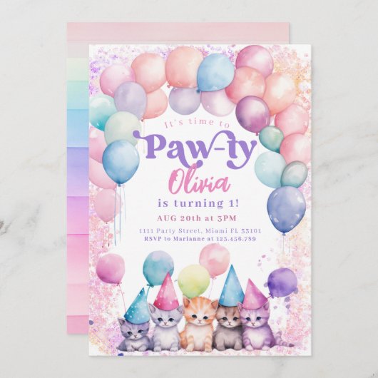 Cat Birthday Kitten Party Pawty Girl Einladung (Vorne/Hinten)