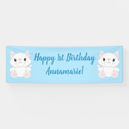Cat Birthday Party Kitty Blue Banner (Horizontal)