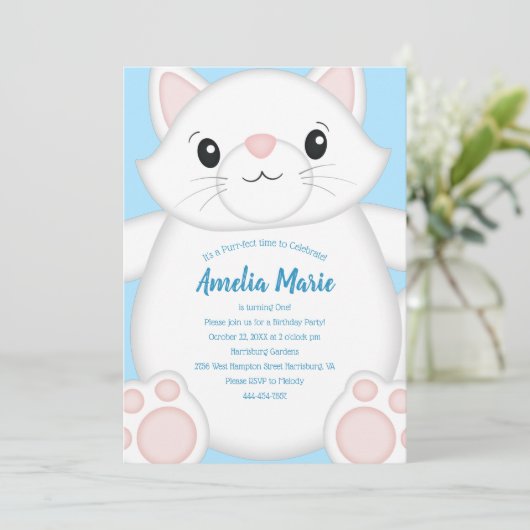 Cat Birthday Party Kitty Blue Einladung (Stehend Vorderseite)