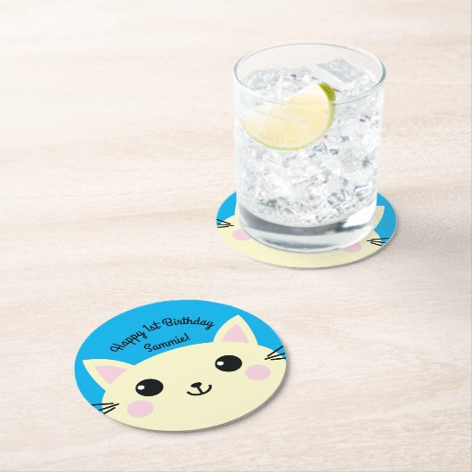 Cat Birthday Party Runder Pappuntersetzer (Vor Ort)