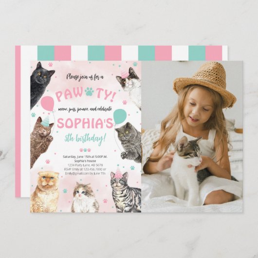Cat Birthday Pawty Foto Einladung (Vorne/Hinten)