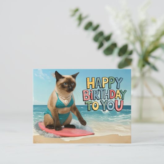 Cat Birthday Thema am Strand für siamische Katze Postkarte (Stehend Vorderseite)