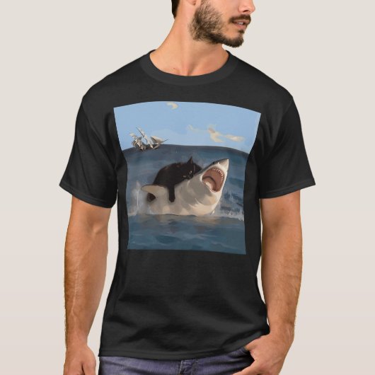Cat Biting Shark Funny Art and Cat Lover Funny Cat T-Shirt (Vorderseite)