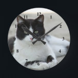 Cat Black and White Tuxedo Foto Runde Wanduhr<br><div class="desc">Schwarz-Weiß Tuxedo Katze ablegen.</div>