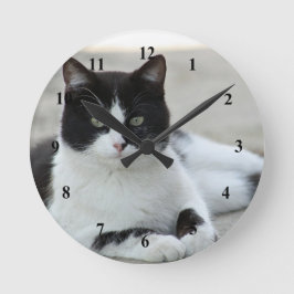 Cat Black and White Tuxedo Foto Runde Wanduhr