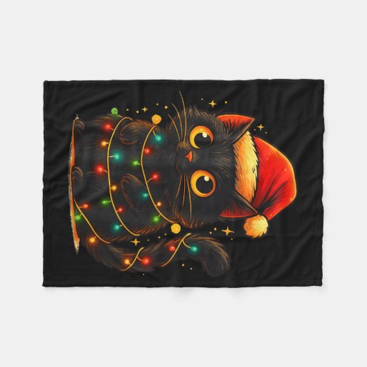 Cat Black Christmas Tree Lights Funny Santa Kitten Fleecedecke (Vorderseite (Horizontal))