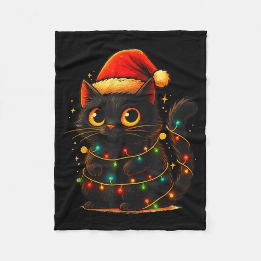 Cat Black Christmas Tree Lights Funny Santa Kitten Fleecedecke (Vorderseite)