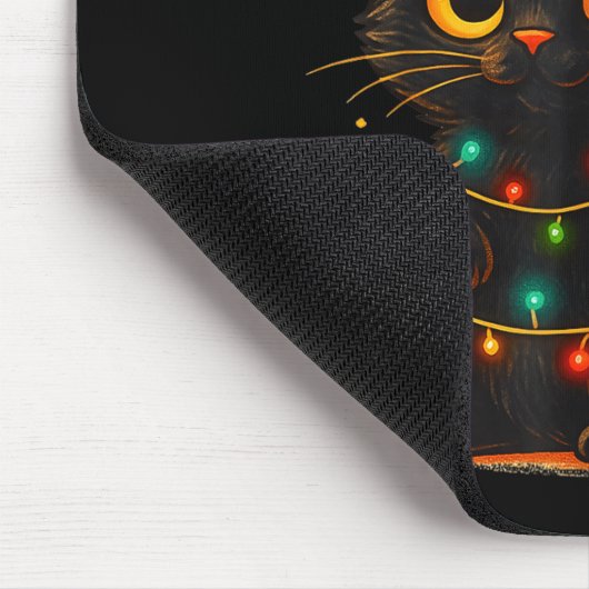 Cat Black Christmas Tree Lights Funny Santa Kitten Mousepad (Ecke)