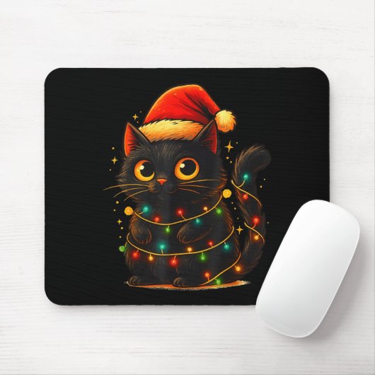 Cat Black Christmas Tree Lights Funny Santa Kitten Mousepad (Mit Mouse)