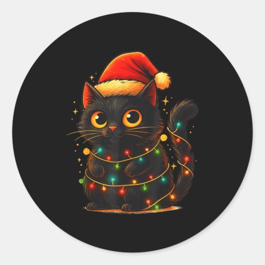 Cat Black Christmas Tree Lights Funny Santa Kitten Runder Aufkleber (Vorderseite)