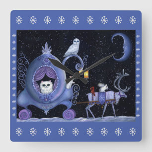 Cat Blue Carriage Winter Snowy Owl White Deh Niedl Quadratische Wanduhr
