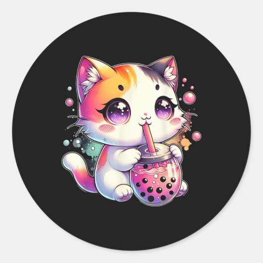 Cat Boba Tea Anime Japanischer Kawaii Neko Bubble  Runder Aufkleber (Vorderseite)