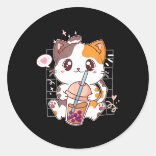 Cat Boba Tea Bubble Tea Kawaii Anime Japanischer N Runder Aufkleber