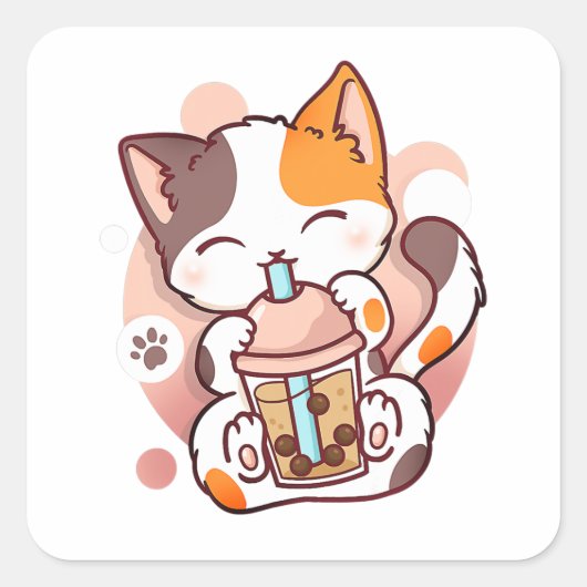 Cat Boba Tea Bubble Tee Anime Kawaii Neko für Mädc Quadratischer Aufkleber (Vorderseite)