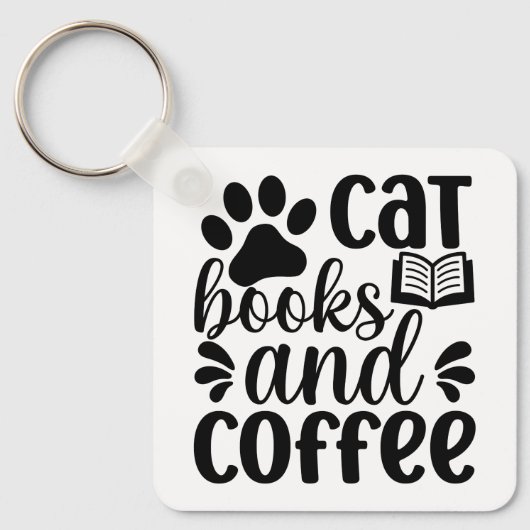 "Cat Books and Coffee" Cute Typography Schlüsselanhänger (Vorderseite)